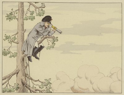 Napoleon ser slaget ved Aspern-Essling fra toppen af et træ på øen Lobau, 22. maj 1809 af Onfray de Breville Job