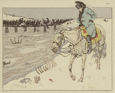 Napoleon ser resterne af sin Grand Armee rossing the River Berezina på tilbagetoget fra Moskva, 1812 af Onfray de Breville Job