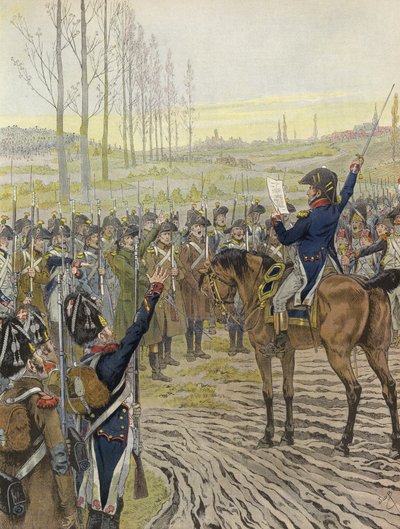 Napoleons ord blev læst for nogle af hans tropper under felttoget på Rhinen, 1805 af Onfray de Breville Job