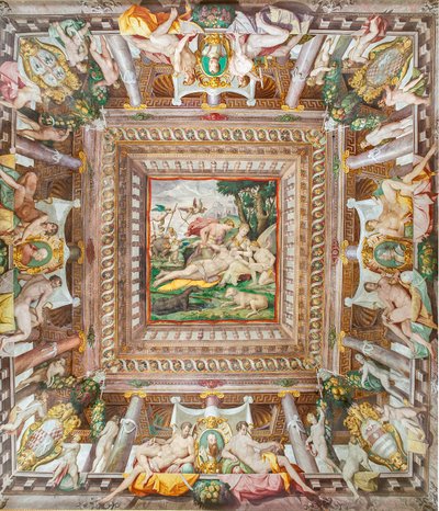 Udsigt over loftet i Adonis-værelset og mindestenene for familiemedlemmerne Rossi, Gonzaga, Riario og Medici, Rocca dei Rossi, San Secondo, Parma, Italien af Orazio (attr.to) Samacchini