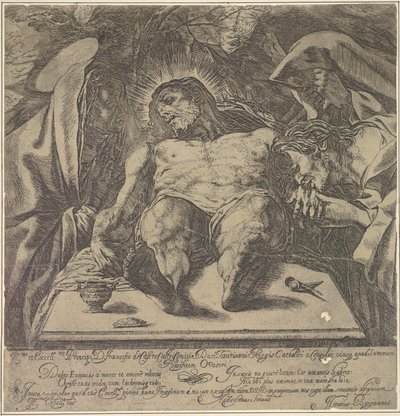 Klagesang over Kristi legeme af de tre Marias, en krukke med salve på bordet til ..., 1615. af Orazio Borgianni