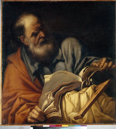 Sankt Thomas, apostel. (Apostelen Sankt Thomas). Maleri af Orazio Borgianni (1578-1616), olie på lærred, italiensk kunst (Rom) af Orazio Borgianni