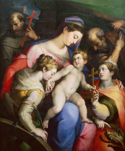 Den hellige familie med de hellige Margaret, Catherine og Francis (olie) af Orazio Samacchini