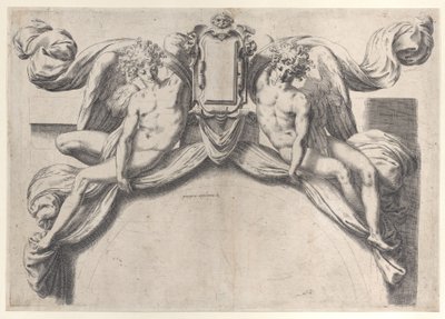 To engle, der understøtter en kartouche eller skjold, 1568-77., 1568-77. af Orazio de Sanctis