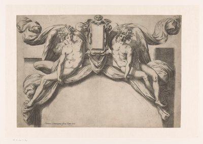 Design til en dørkarm med to genii, der holder cartouche op af Orazio de Santis (attributed to)