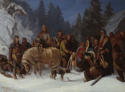 Inga Kongemor overlader sin søn Håkon Håkonsson til Birkebeinerhøvdingen Dagfinn Bonde af Oscar Arnold Wergeland