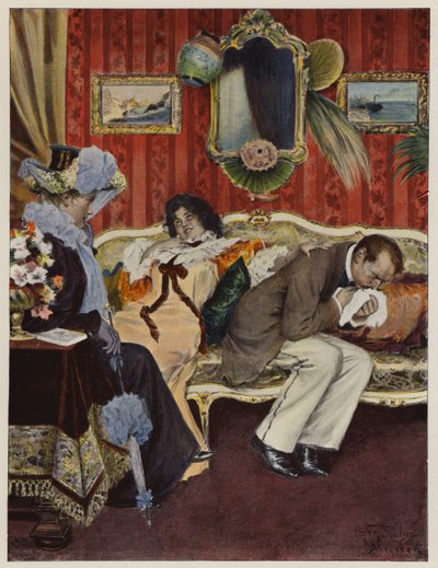 Nygift par på bryllupsrejse, hvor manden lider af hoste (farve litho) af Oscar Bluhm