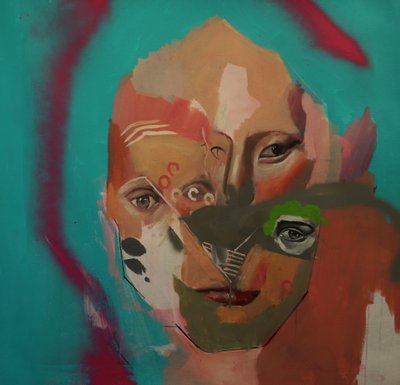 Et mislykket forsøg på at male et portræt, 2020-23 (akryl, olie og spraymaling på lærred) af Oscar Nin