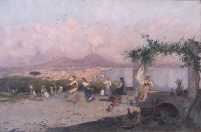 Napoli-bugten med figurer, der danser i forgrunden af Oscar Ricciardi