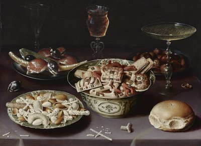 Stilleben med slik, kastanjer og et rundstykke af Osias the Elder Beert