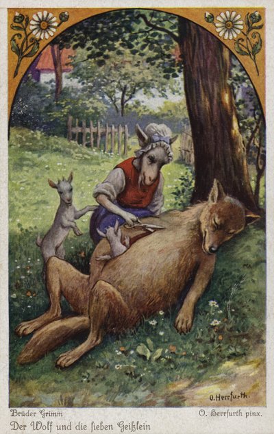 Scene fra "Ulven og de syv unge drenge" af brødrene Grimm af Oskar Herrfurth