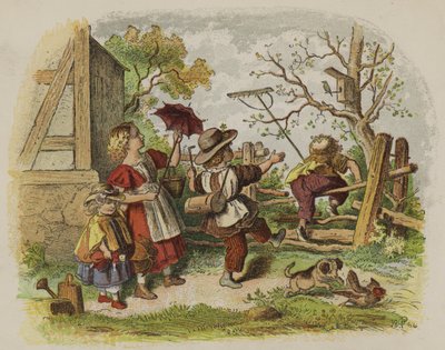 Gruppe børn leger udendørs (farve litho) af Oskar Pletsch