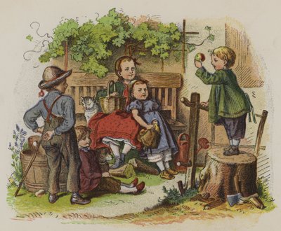 Gruppe børn leger udendørs (farve litho) af Oskar Pletsch