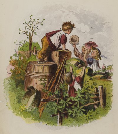 Gruppe børn leger udendørs (farve litho) af Oskar Pletsch