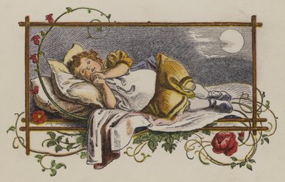 Lille pige sover i sin seng om natten (farve litho) af Oskar Pletsch