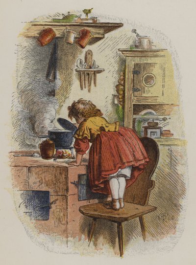 Lille pige kigger ind i en gryde på et komfur (farve litho) af Oskar Pletsch