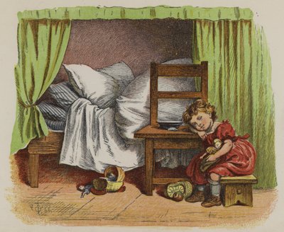 Lille pige sidder ved siden af sin seng (farve litho) af Oskar Pletsch