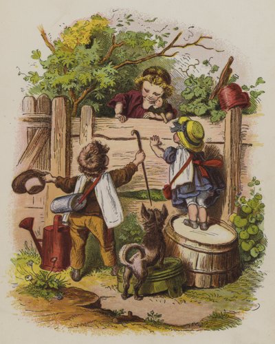 Tre børn chatter over et havehegn (farve litho) af Oskar Pletsch