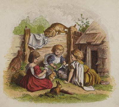 Tre piger leger med deres kælekaniner, overvåget af en kat (farve litho) af Oskar Pletsch