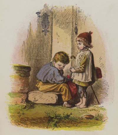 To drenge på et dørtrin til et hus (farve litho) af Oskar Pletsch