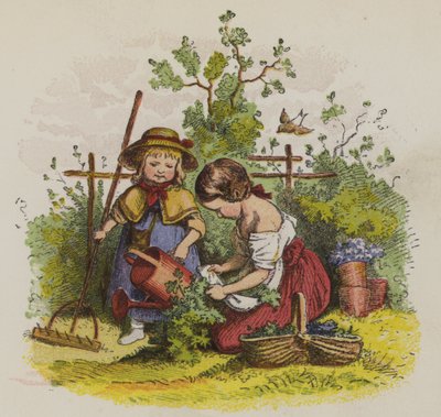 To piger i havearbejde (farve litho) af Oskar Pletsch