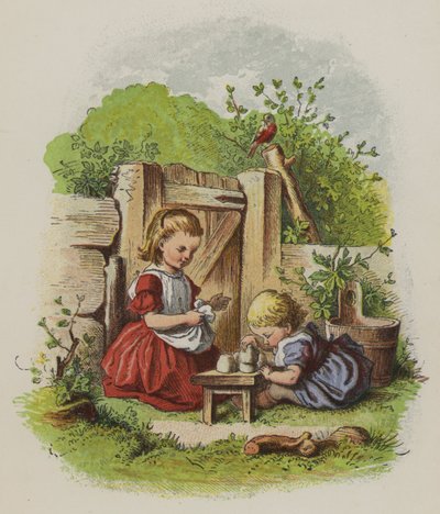 To små piger leger i en have (farve litho) af Oskar Pletsch
