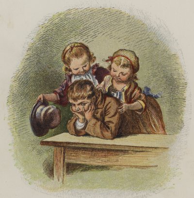To små piger forsøger at muntre en gnaven dreng op (farve litho) af Oskar Pletsch