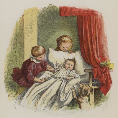 Ung dreng og pige ser på en baby (farve litho) af Oskar Pletsch