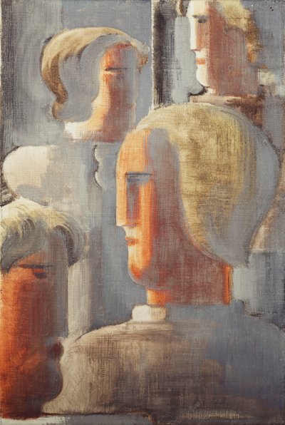 Gruppe af fire hoveder gråblå, Folkwang-studie III; Fire gruppe af hoveder grå-blå, Folkwang Study III af Oskar Schlemmer