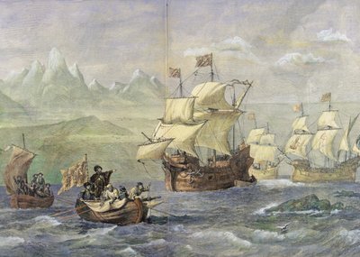 Opdagelsen af Magellan-strædet (farvet gravering) af Oswald Walters Brierly