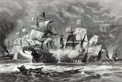 The Vanguard, under Sir William Winter, engagerer den spanske armada, fra 