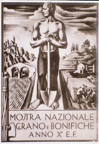 Propaganda fascistisk plakat for korn- og jordforbedringskampagne af Oswaldo (after) Tofani