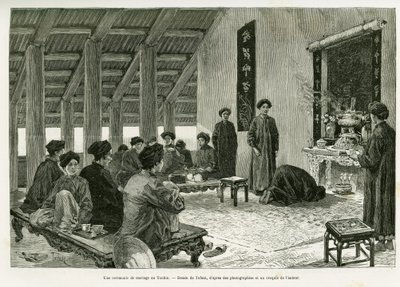 En bryllupsceremoni på Tonkin. Indgravering af Tofani, for at illustrere historien Trente mois au Tonkin, i 1884, af Dr. Paul Hocquard, i le tour du monde 1890, under ledelse af Edouard Charton (1807-1890), Hachette, Paris. af Oswaldo Tofani