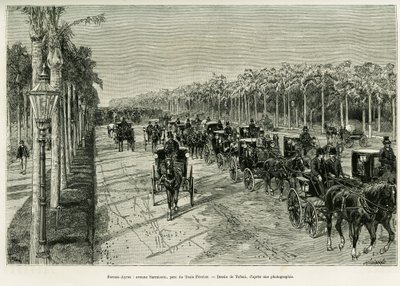 Buenos Aires, Sarmiento Avenue, Three February Park. Gravering af Tofani, for at illustrere historien Voyage a la Plata, i 1886, af Emile Daireaux, i le tour du monde 1888, instrueret af Edouard Charton (1807-1890), Hachette, Paris. af Oswaldo Tofani