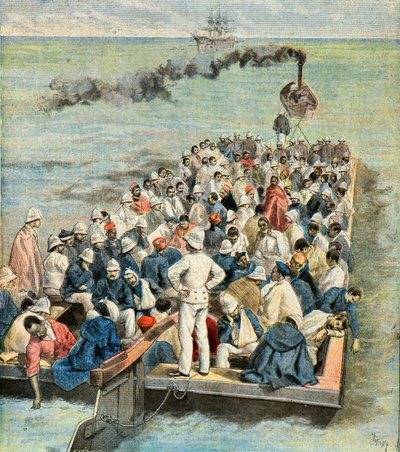 Indskibning på skibshospitalet af de sårede fra Madagaskar-ekspeditionen i 1896 (Kobberstik) af Oswaldo Tofani