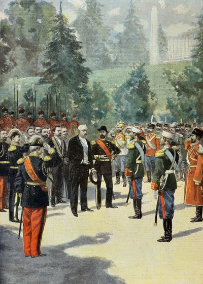 Felix Faure bliver budt velkommen af Nikolaj 2. på Peterhof i 1897 (kobberstik) af Oswaldo Tofani