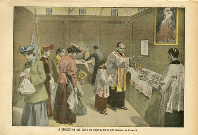 Illustration af Oswaldo Tofani (1849-1915) i Le Pelerin, 03/04/04 - Påskeæggenes velsignelse i Italien - Italien, Religion Tro, påske, katolsk katolicisme - Æg af Oswaldo Tofani