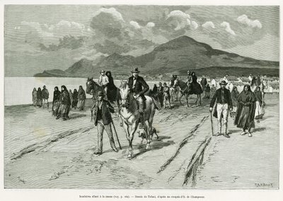Øboere går til messe. Gravering af Tofani, for at illustrere historien Trois mois en Irlande, i 1889, af Marie anne de Bovet, i le tour du monde 1890, instrueret af Edouard Charton (1807-1890), Hachette, Paris. af Oswaldo Tofani