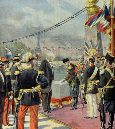 Nicolas 2 lægger den første sten på Alexandre 3-broen i overværelse af Felix Faure, Paris 1896 (Gravering) af Oswaldo Tofani