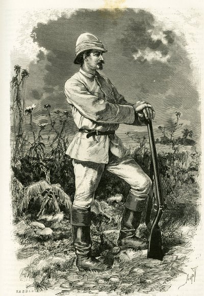 Portræt af Dr. Emile Holub, i en udforskningsdragt, gravering af Tofani, for at illustrere historien "Au pays des Marutses", i 1875-1879, af Dr. Emile Holub (1847-1902). Udgivet i Tour du monde, 2. semester 1883, redigeret af Edouard Charton (1807-1890) af Oswaldo Tofani