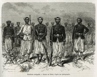 Senegalesiske ryttere af ekspeditionen eskorte. Indgravering af Tofani, for at illustrere historien om udforskning i Haut Niger, af kommandør Gallieni, af marineinfanteriet, i 1880-1881, udgivet i Tour du monde, under ledelse af Edouard Charton (1807) af Oswaldo Tofani