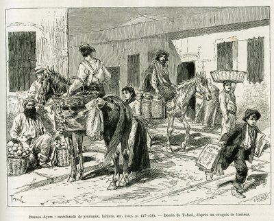 Små virksomheder, avishandlere, mejeri, frugtsælgere osv... i Buenos Aires (Argentina) gader. Indgravering af Tofani til illustration af historien Voyage a la Plata, tre måneders ferie af Emile Blaireaux i 1886, i tour du monde 1887, unde af Oswaldo Tofani