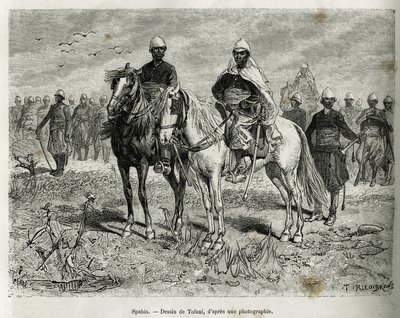 Spahis af ekspeditionens eskorte. Indgravering af Tofani, for at illustrere historien om udforskning i Haut Niger, af kommandør Gallieni, af marineinfanteriet, i 1880-1881, udgivet i Tour du monde under ledelse af Edouard Charton (1807-1890) af Oswaldo Tofani