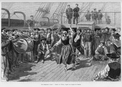 Emigranterne ombord. Gravering af Tofani for at illustrere historien Voyage a la Plata, tre måneders ferie af Emile Blaireaux i 1886, i tour du monde 1887, under ledelse af Edouard Charton (1807-1890), Hachette, Paris. af Oswaldo Tofani