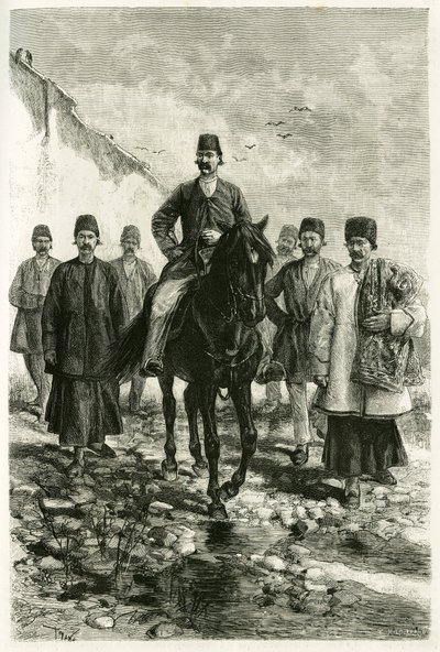 Guvernøren i Kachan (eller Kashan, i Teheran-provinsen, det nuværende Iran) rider på en sort hest, og hans suite er til fods. Gravering af Tofani, fra et fotografi, for at illustrere historien "" Persia, Chaldee og Susiane"" i 1881-1882, af Jane Dieulafoy  af Oswaldo Tofani