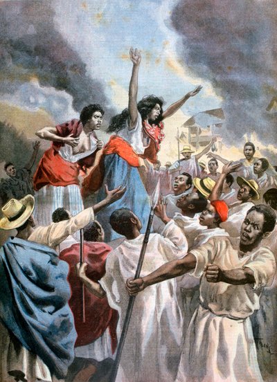 De kongelige prinsesser prædiker den hellige krig på Madagaskar, 1894 af Oswaldo Tofani