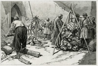 Vejningen af bagagen før Delafoy Brudeekspeditionens afgang. Gravering af Tofani, for at illustrere historien "" Persien, Kaldæa og Susiane"" af Oswaldo Tofani