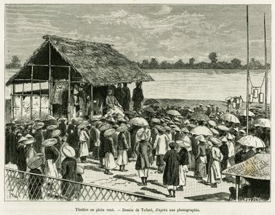 Teater i vinden. Indgravering af Tofani, efter et fotografi, for at illustrere historien Trente mois au Tonkin, i 1884, af Dr. Paul Hocquard, i le tour du monde 1890, under ledelse af Edouard Charton (1807-1890), Hachette, Paris. af Oswaldo Tofani