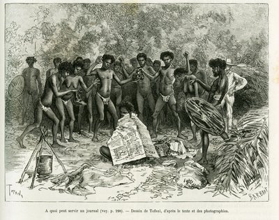 Hvad kan en avis bruges til? Gravering af Tofani, for at illustrere historien Chez les cannibales, Rejsen til det nordøstlige Australien af Oswaldo Tofani