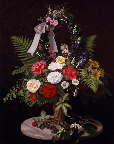 Stilleben med blomster i en kurv (margueritter, bregner, roser) af Otto Didrik Ottesen